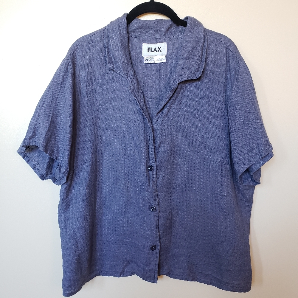 FLAX 100% Linen Blue Short Sleeve Button Down Top